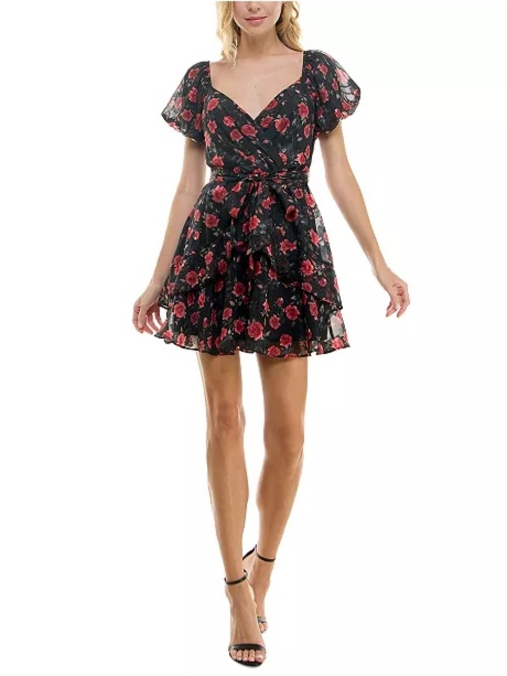 Trixxi Black Red Rose Floral Puff-Sleeve Mini Dress Size XS NWT
